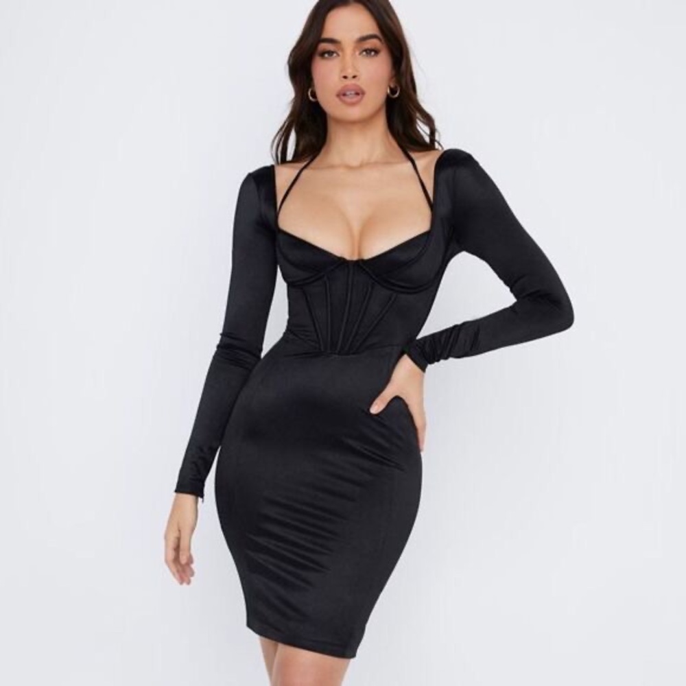 House of CB Satin Corset Halter Midi Dress XS - Black